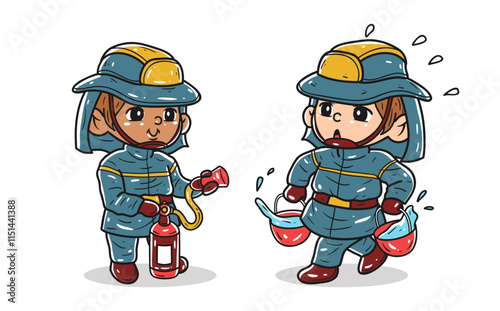 Firefighter children are in action in putting out fires vector illustration