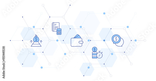 Business Banner Vector Illustration with Icon Style in Between. Line Duotone icon. Containing money, loan, money bag, strategy