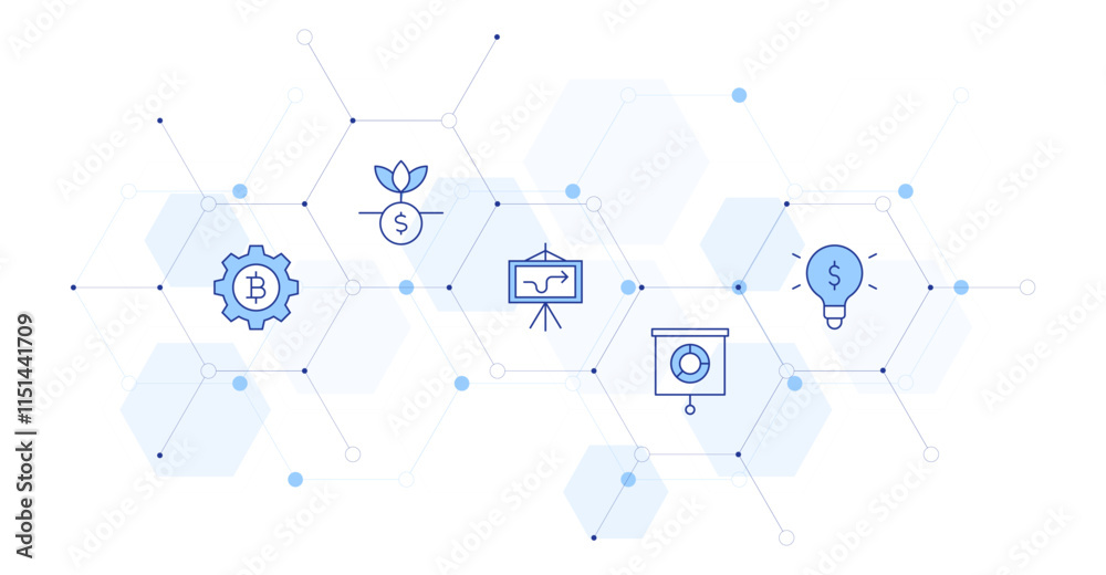 Business Banner Vector Illustration with Icon Style in Between. Line Duotone icon. Containing setting, return, strategy, money, idea