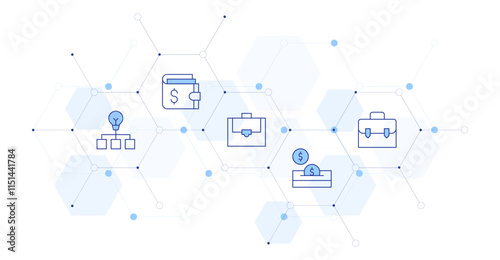 Business Banner Vector Illustration with Icon Style in Between. Line Duotone icon. Containing suitcase, data, savings, briefcase, wallet