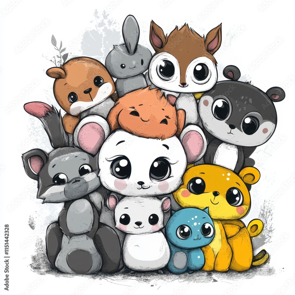 Naklejka premium Adorable Group of Cartoon Forest Animals Huddled Together