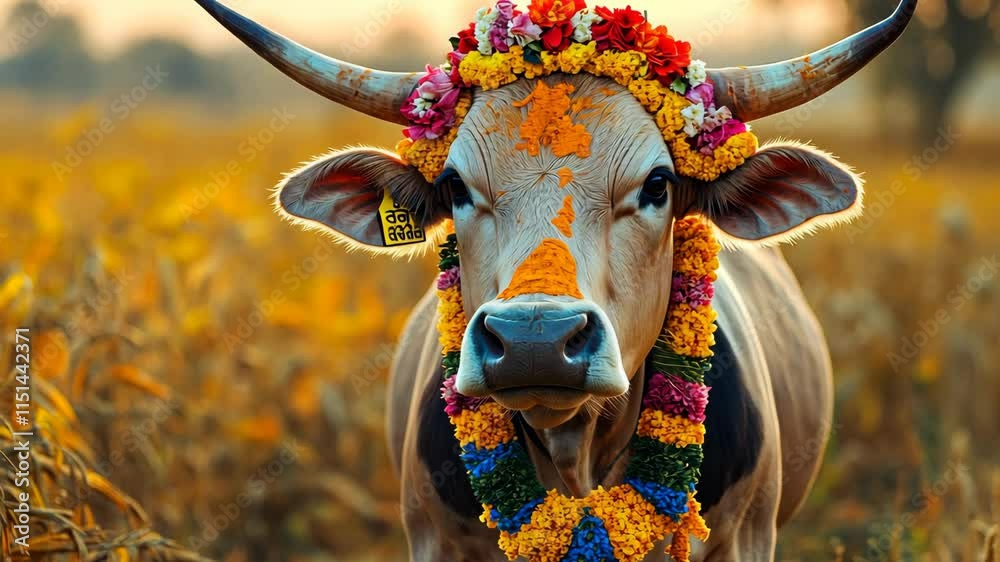 A decorated Indian cow with colorful garlands and turmeric pic