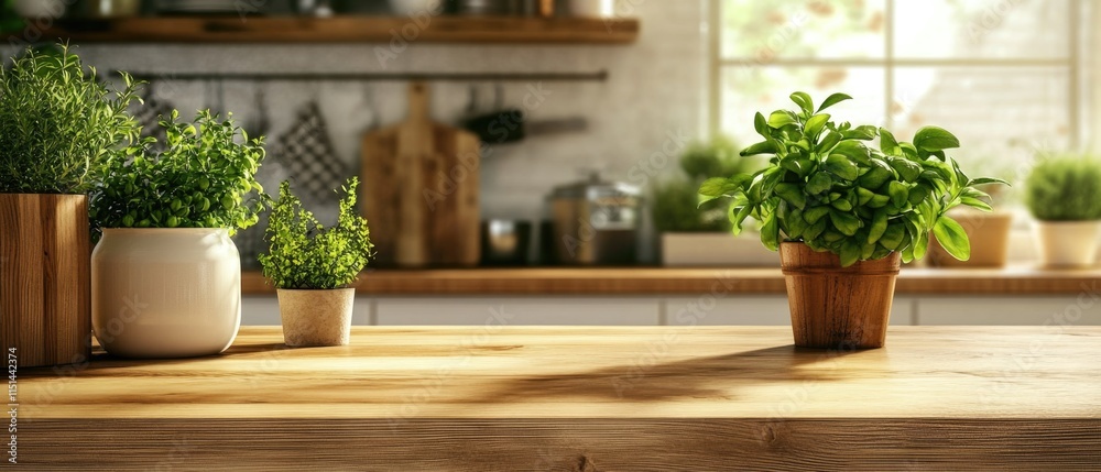 Wood table top with green plants on blur kitchen counter room background Wood table top with green plants on blur kitchen counter room background