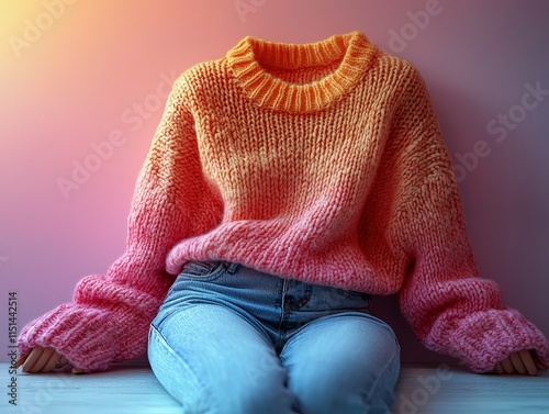 A headless mannequin wears a chunky knit sweater with an ombre effect ranging from orange to pink. It's paired with light blue jeans.