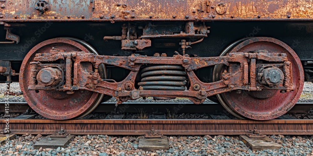 Fragment of an old rusty railway car showcasing the chassis and wheels, including suspension, side frame, spring plank, and springs, captured in a side view on the train tracks. Fragment of an old rusty railway car showcasing the chassis and wheels, including suspension, side frame, spring plank, and springs, captured in a side view on the train tracks.