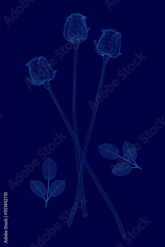 Wireframe Rose flower of blooming plant. Garden rose isolated icon of blossom, petal and bud with stem and leaf for romantic floral decoration, wedding bouquet and valentine greeting card. Front view