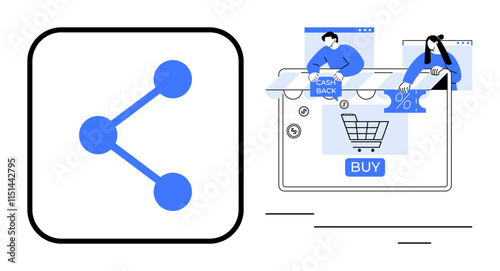 Share icon and people shopping online with cashback and discount symbols. Ideal for e-commerce, social media, marketing, online payments, customer engagement, digital strategy, user interface design