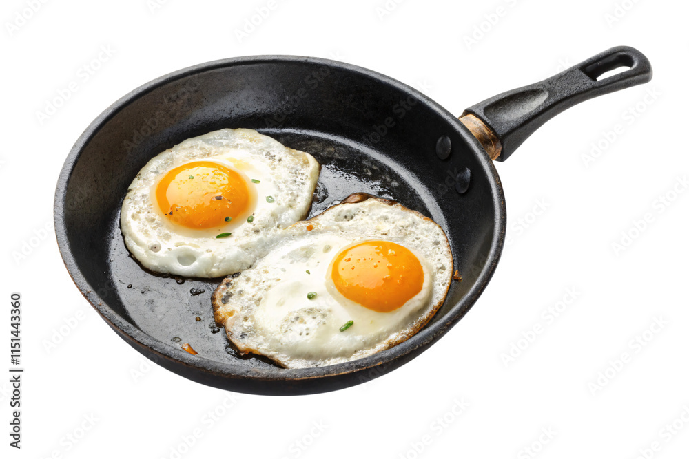 Two fried eggs in a black skillet, garnished with fresh herbs and cooked to perfection, showcasing rustic charm and culinary simplicity, isolated on a transparent background Two fried eggs in a black skillet, garnished with fresh herbs and cooked to perfection, showcasing rustic charm and culinary simplicity, isolated on a transparent background