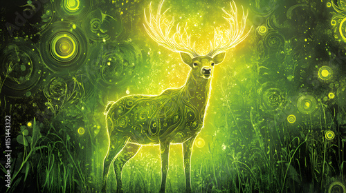 Fantasy night landscape, magical reindeer, green neon, Reindeer Christmas in the night, Creative design concept with realistic green fire flames effect on green background