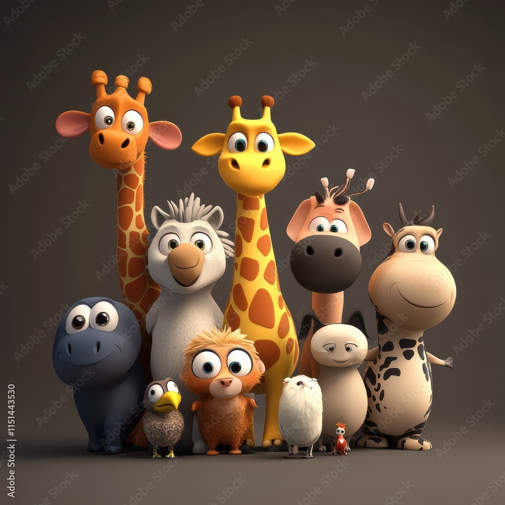 Naklejka premium Adorable Cartoon Animals Grouped Together In A Friendly Pose