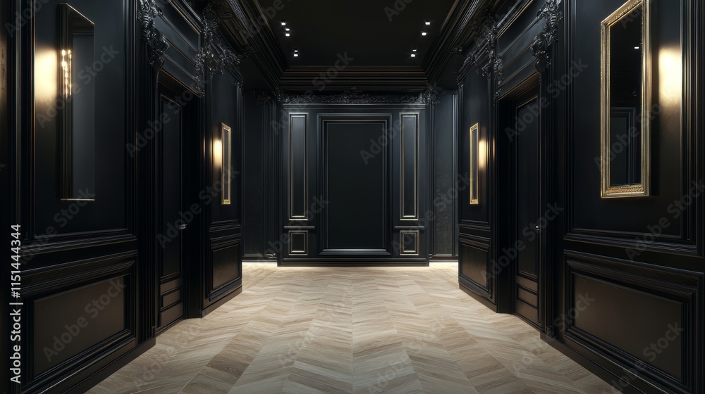 Opulent Black Corridor with Golden Accents: A Stunning Architectural Masterpiece Opulent Black Corridor with Golden Accents: A Stunning Architectural Masterpiece