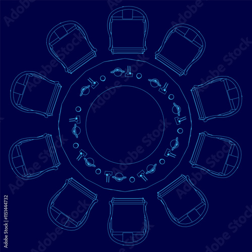 Vector round table blue contour. Table Icon Object, Round Table Icon Picture, top view, Vector illustration