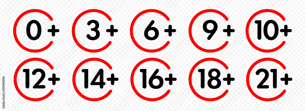 Age limit sign set for adults content only age restriction 0, 3, 6, 9, 10, 12, 14, 16, 18, 21 plus years old icon vector 10 eps Age limit sign set for adults content only age restriction 0, 3, 6, 9, 10, 12, 14, 16, 18, 21 plus years old icon vector 10 eps