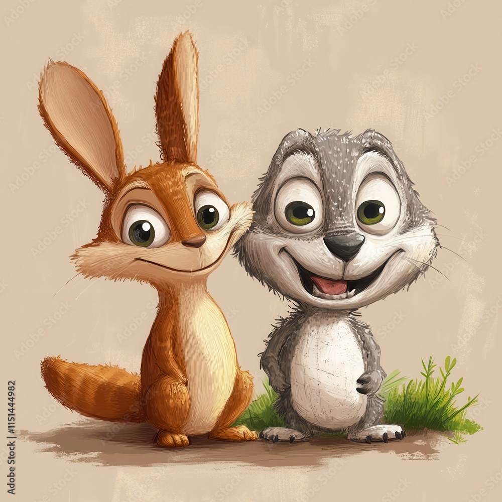 Fototapeta premium A cheerful rabbit and a happy smiling groundhog