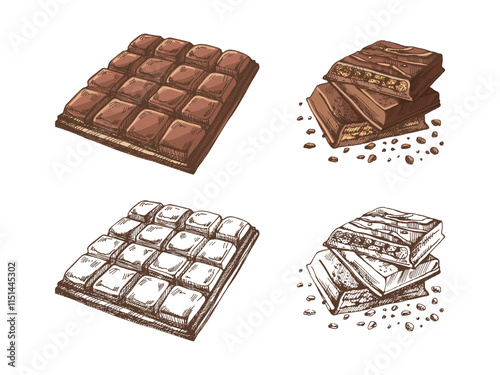 Hand-drawn chocolate bar colored and monochrome illustrations in vintage sketch style
