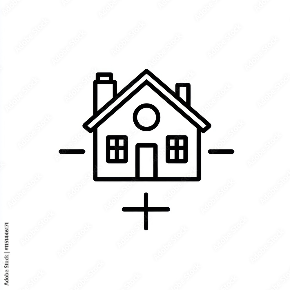 Simple line art house icon with plus sign. Simple line art house icon with plus sign.