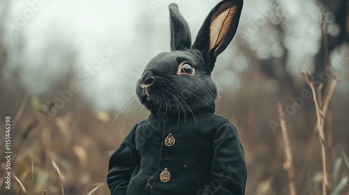 Adorable black rabbit wearing a mysterious costume standing against a plain background – cute pet in unique attire, charming animal in enigmatic outfit for creative projects and illustrations photo