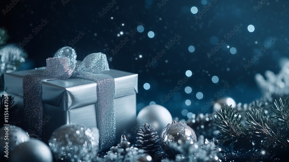 Silver Gift Box Decorated with Sparkling Ribbon amidst Festive Christmas Ornaments and Pine Branches.. Silver Gift Box Decorated with Sparkling Ribbon amidst Festive Christmas Ornaments and Pine Branches..