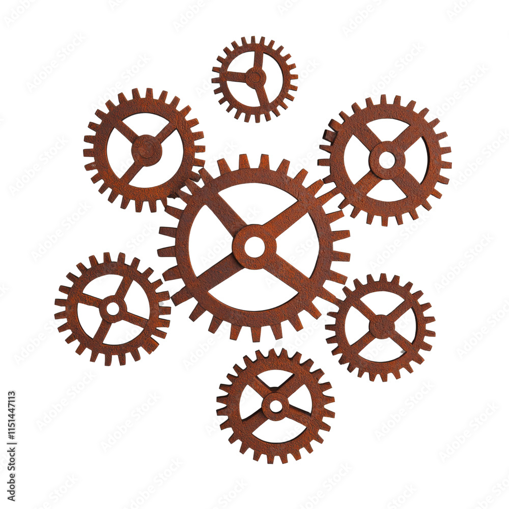 Rustic Brown Gears Arrangement on White Background for Industrial Use Rustic Brown Gears Arrangement on White Background for Industrial Use