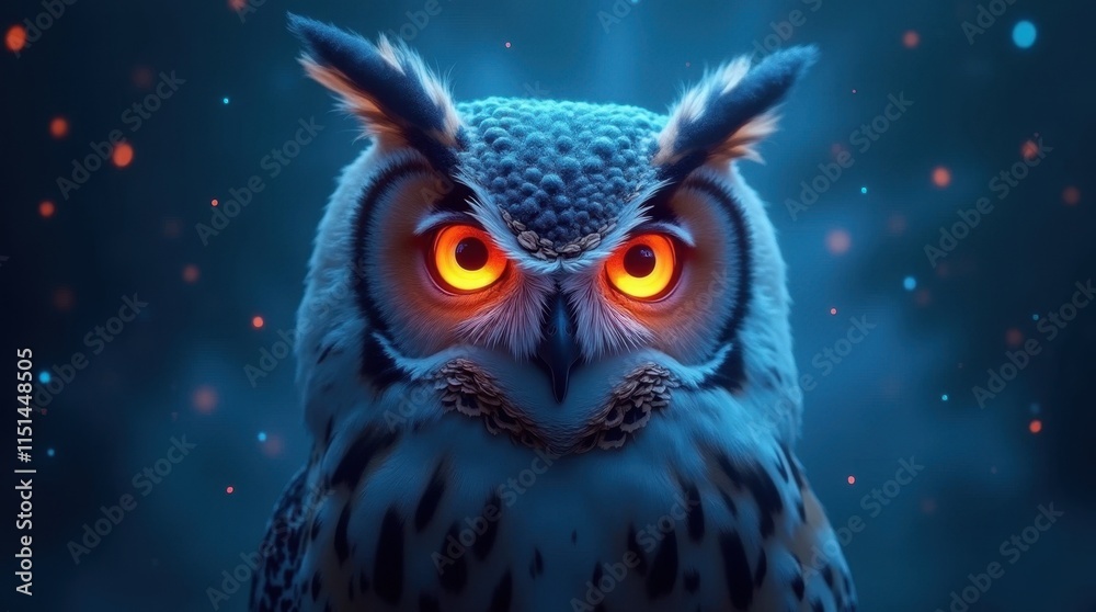 Mystical Owl with Glowing Blue Eyes and Color Dots Mystical Owl with Glowing Blue Eyes and Color Dots