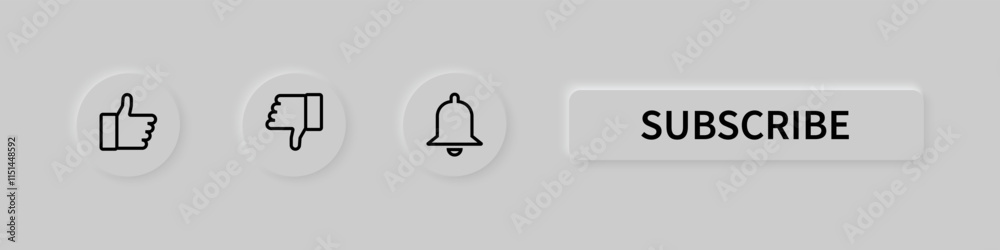 Obraz premium Subscribe Buttons. White Buttons. Four minimalist Icons depicting a Thumbs up, Thumbs down, Bell, and Subscribe Button.Vector illustration