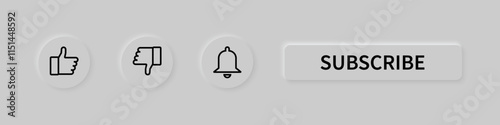 Subscribe Buttons. White Buttons. Four minimalist Icons depicting a Thumbs up, Thumbs down, Bell, and Subscribe Button.Vector illustration