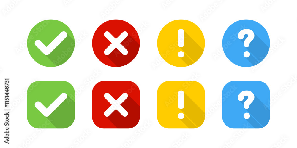 Sign or Symbol Vector Icons. Check mark, Question mark, Caution and Cross Sign or Symbol Vector Icons. Check mark, Question mark, Caution and Cross