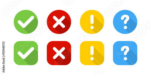 Sign or Symbol Vector Icons. Check mark, Question mark, Caution and Cross