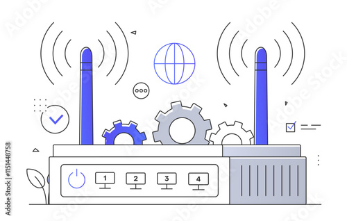 Flat vector illustration of a Wi-Fi router with antennas, signal waves, and gear icons. Concept of internet connectivity, wireless networking, and technology infrastructure