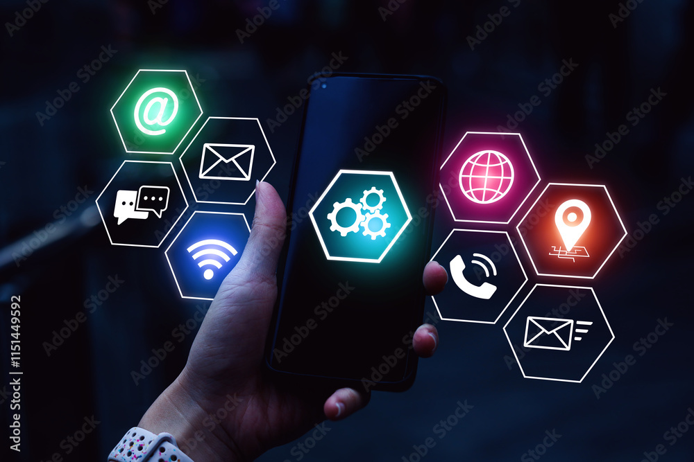 Communication network system concept, Smartphone screen shows customer service settings icon with online contact options for contact us or service department to solve problems and answer questions. Communication network system concept, Smartphone screen shows customer service settings icon with online contact options for contact us or service department to solve problems and answer questions.