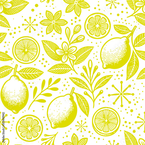 Seamless background, monochrome ornament with lemons, flowers and leaves.