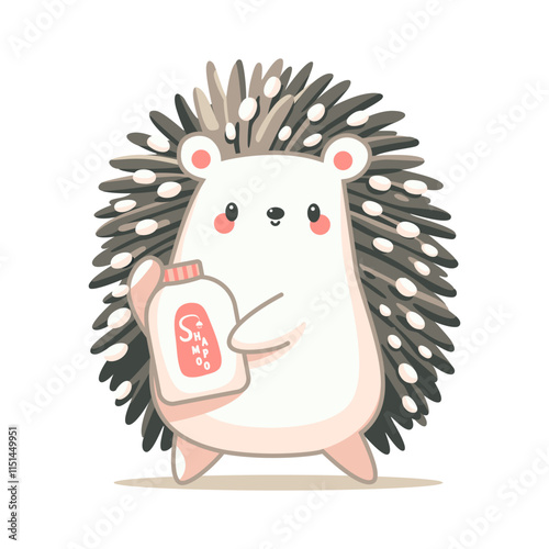 A cute hedgehog with soft, clean needles advertises shampoo while holding it in his paws.