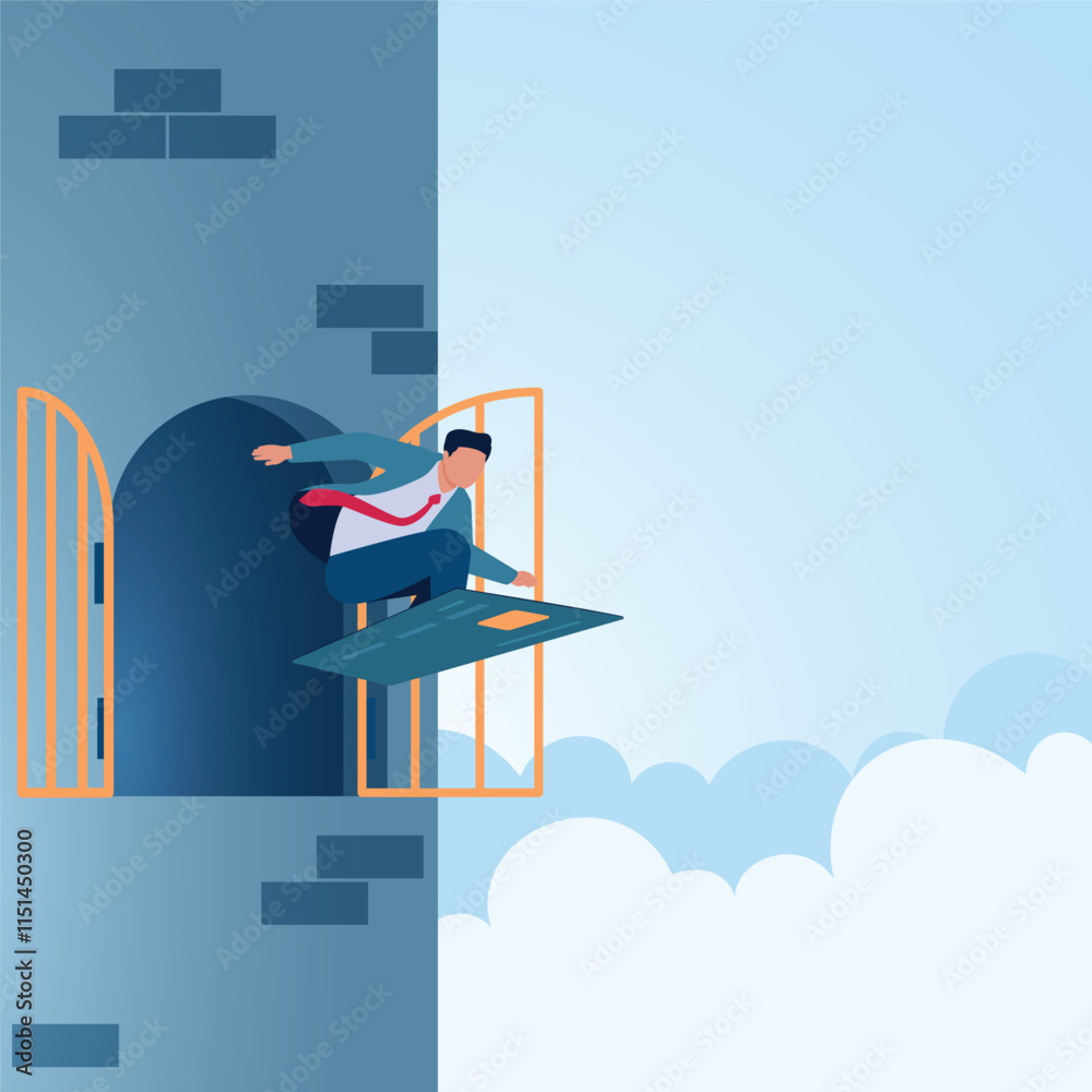 A man flying out of a castle window on a credit card. Illustration for financial freedom, wealth and riches.