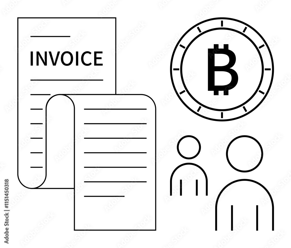Cryptocurrency invoice document, Bitcoin symbol coin, and people icons. Ideal for finance, payments, cryptocurrency, business transactions, digital economy, online services, and invoicing. Line Cryptocurrency invoice document, Bitcoin symbol coin, and people icons. Ideal for finance, payments, cryptocurrency, business transactions, digital economy, online services, and invoicing. Line
