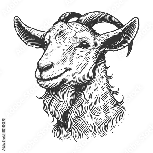 Smiling Goat with Curved Horns, expressive eyes, and a friendly, smiling expression sketch engraving generative ai vector illustration. Scratch board imitation. Black and white image.