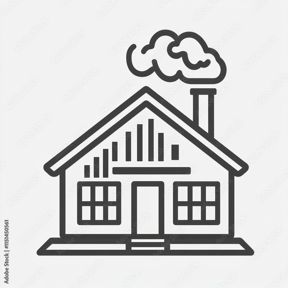 Fototapeta premium Simple line art house icon with smoke from chimney.