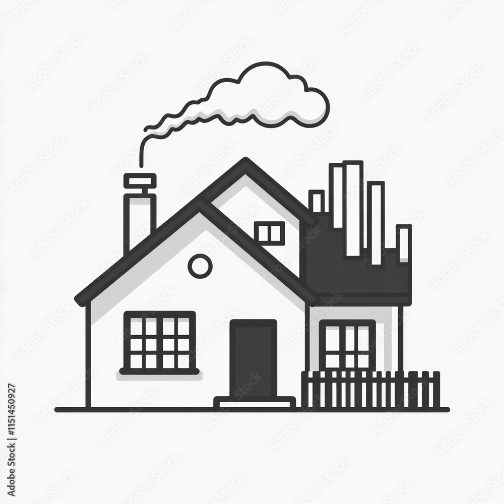 Naklejka premium House with factory chimney emitting smoke.