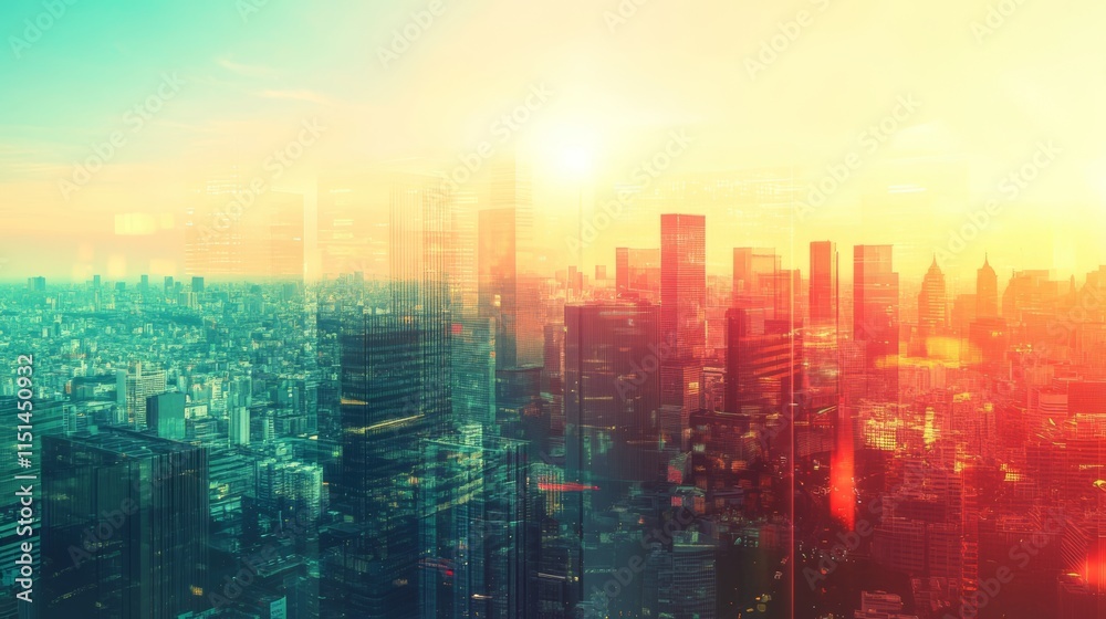 Fototapeta premium A breathtaking aerial view of a vibrant cityscape at sunset. A stunning display of urban architecture and modern design.