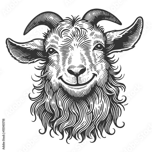 Smiling Goat with Curved Horns, expressive eyes, and a friendly, smiling expression sketch engraving generative ai vector illustration. Scratch board imitation. Black and white image.