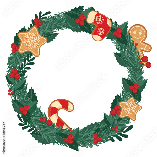 Christmas wreath with gingerbread cute Christmas cookies, leaves, mistletoe, holly berries and fir branches. Happy New Year and Merry Christmas decoration with candy cane, star, sock, gingerbread man