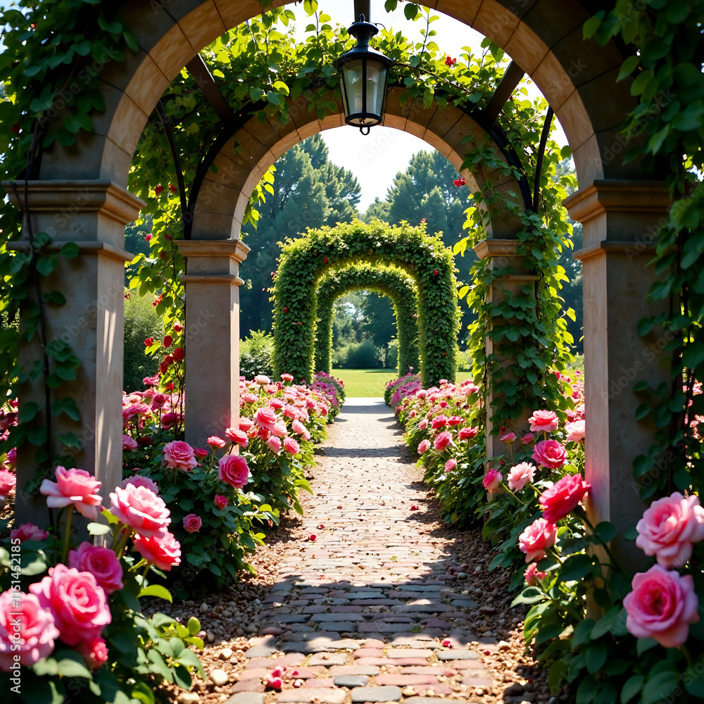 Fototapeta premium beautiful english rose garden with arches and arbors new image