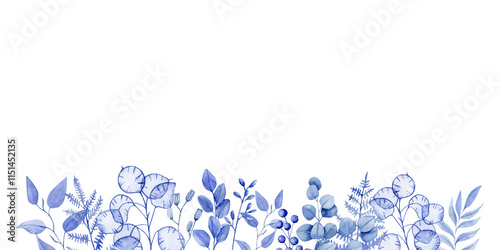 Watercolor frame of blue dried flowers, different types of eucalyptus, fern branches and lunaria photo