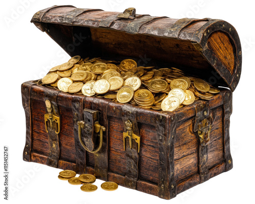 ancient treasure chest overflowing with gold coins, symbolizing wealth and adventure. This captivating image evokes sense of mystery and discovery