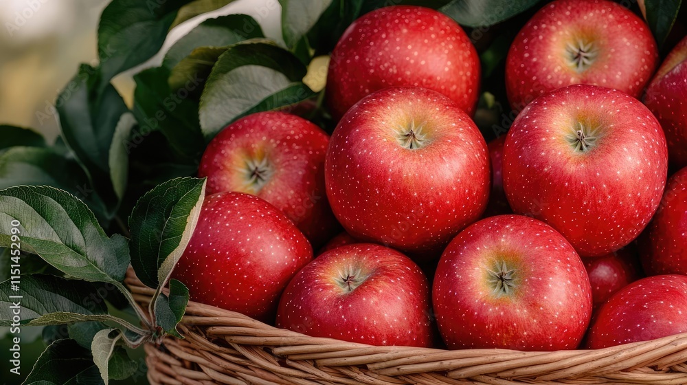 Apples produce idea. Fresh red apples in a woven basket surrounded by green leaves. Apples produce idea. Fresh red apples in a woven basket surrounded by green leaves.