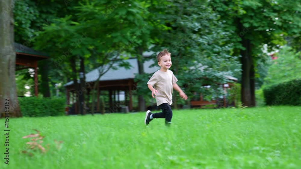 Adorable happy Caucasian toddler runs by the green grass. Lovely baby boy having active time outdoors in summer in the park. Adorable happy Caucasian toddler runs by the green grass. Lovely baby boy having active time outdoors in summer in the park.