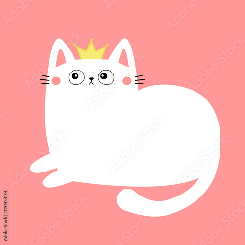 Cat face head. White kitten girl princess golden crown. Cute cartoon funny kitty character. Kawaii animal in love. Happy Valentines Day. Love Greeting card . Flat design. Pink background. Vector