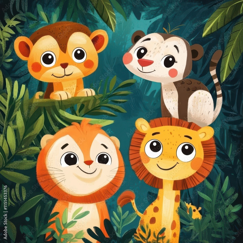 Fototapeta premium Adorable Baby Animals Playing in Lush Jungle Foliage