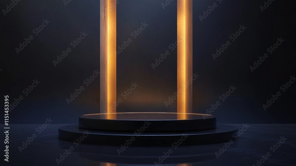 Modern futuristic dark podium with dynamic lighting and reflection effects for high-tech presentations, product showcases, and digital display designs. Modern futuristic dark podium with dynamic lighting and reflection effects for high-tech presentations, product showcases, and digital display designs.