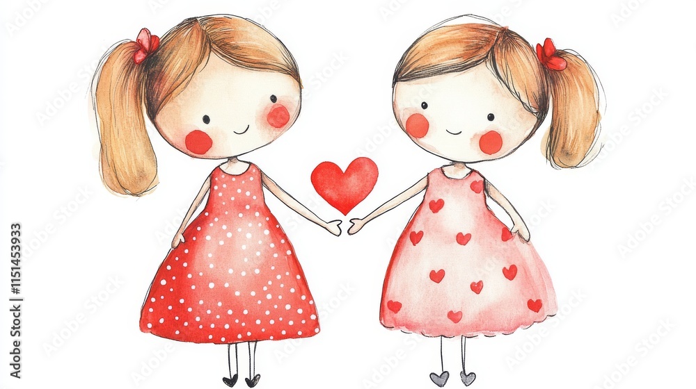 Two Cute Girls Sharing a Heart on White Background. Two Cute Girls Sharing a Heart on White Background.