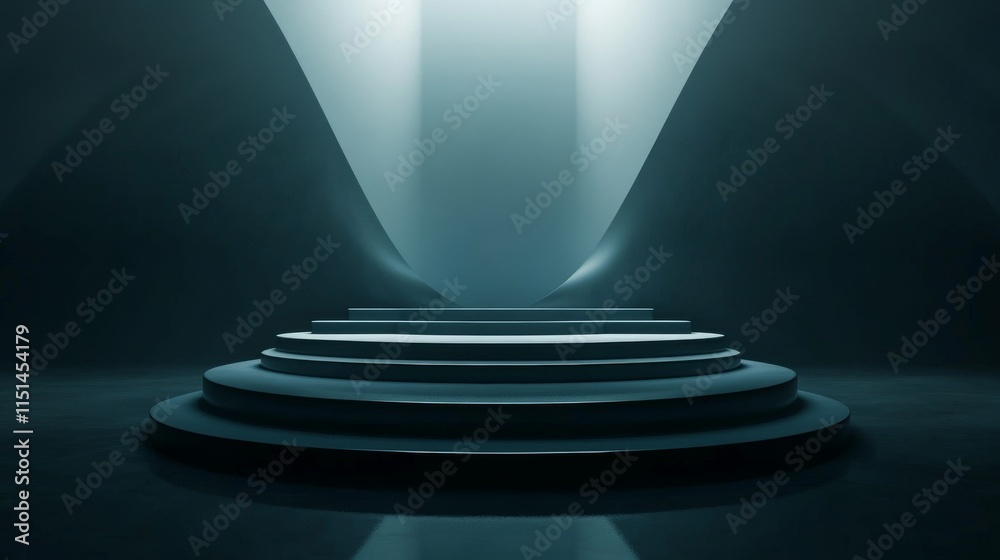 Obraz premium Modern futuristic dark podium with dynamic lighting and reflection effects for high-tech presentations, product showcases, and digital display designs.
